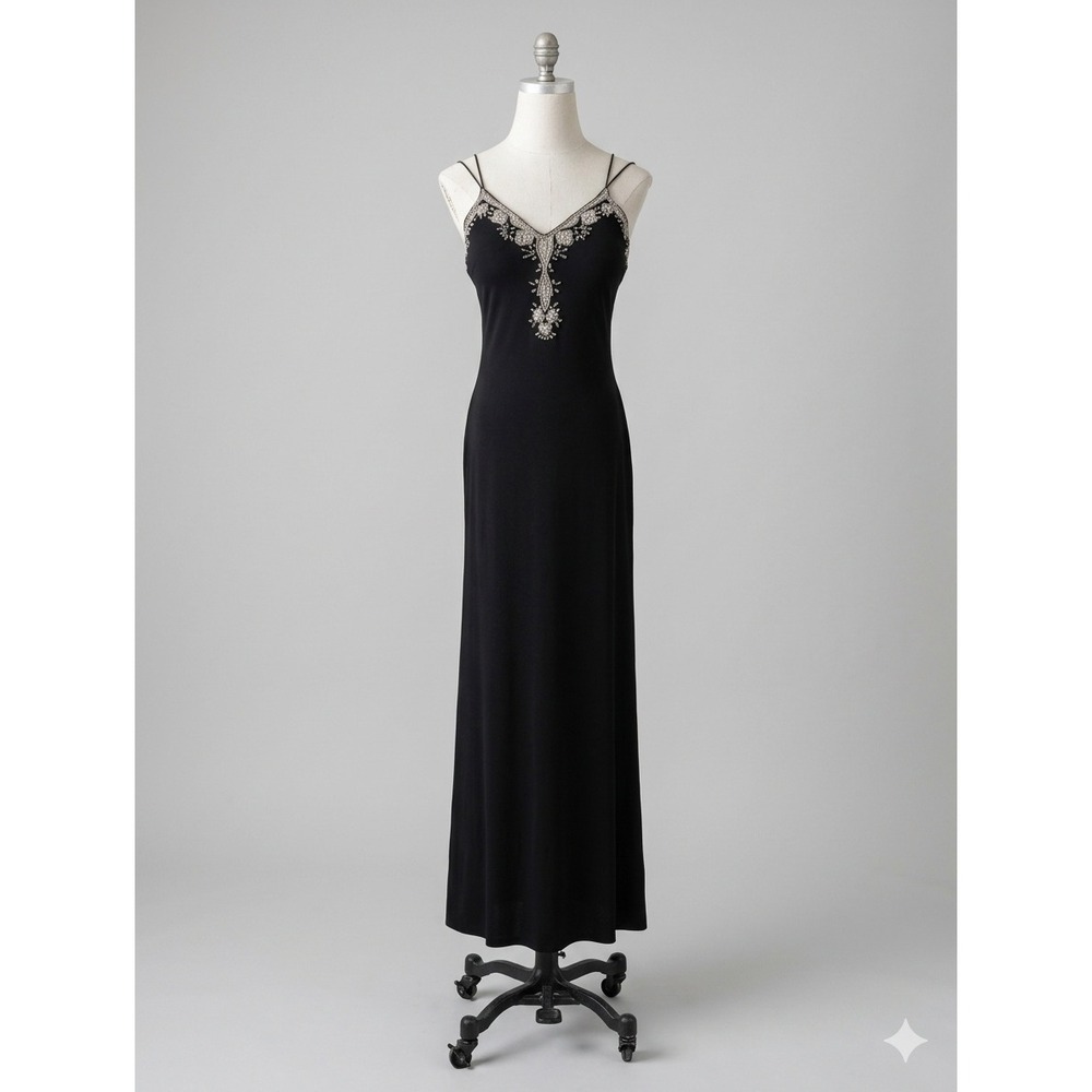 Vintage 90s Black Beaded Evening Gown Maxi Dress Formal Strappy Whimsigoth 4